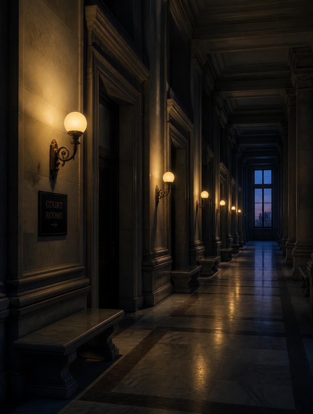 Courthouse corridor at dusk lit by brass wall sconces